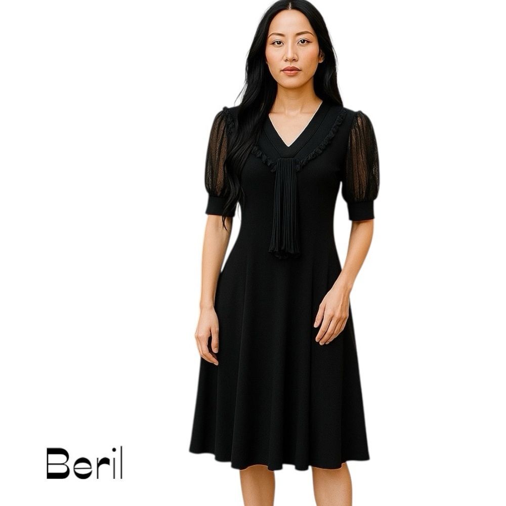 Beril Black Pleated Vintage Sheer Puffy Sleeves WhimsiGoth Midi Dress Size S